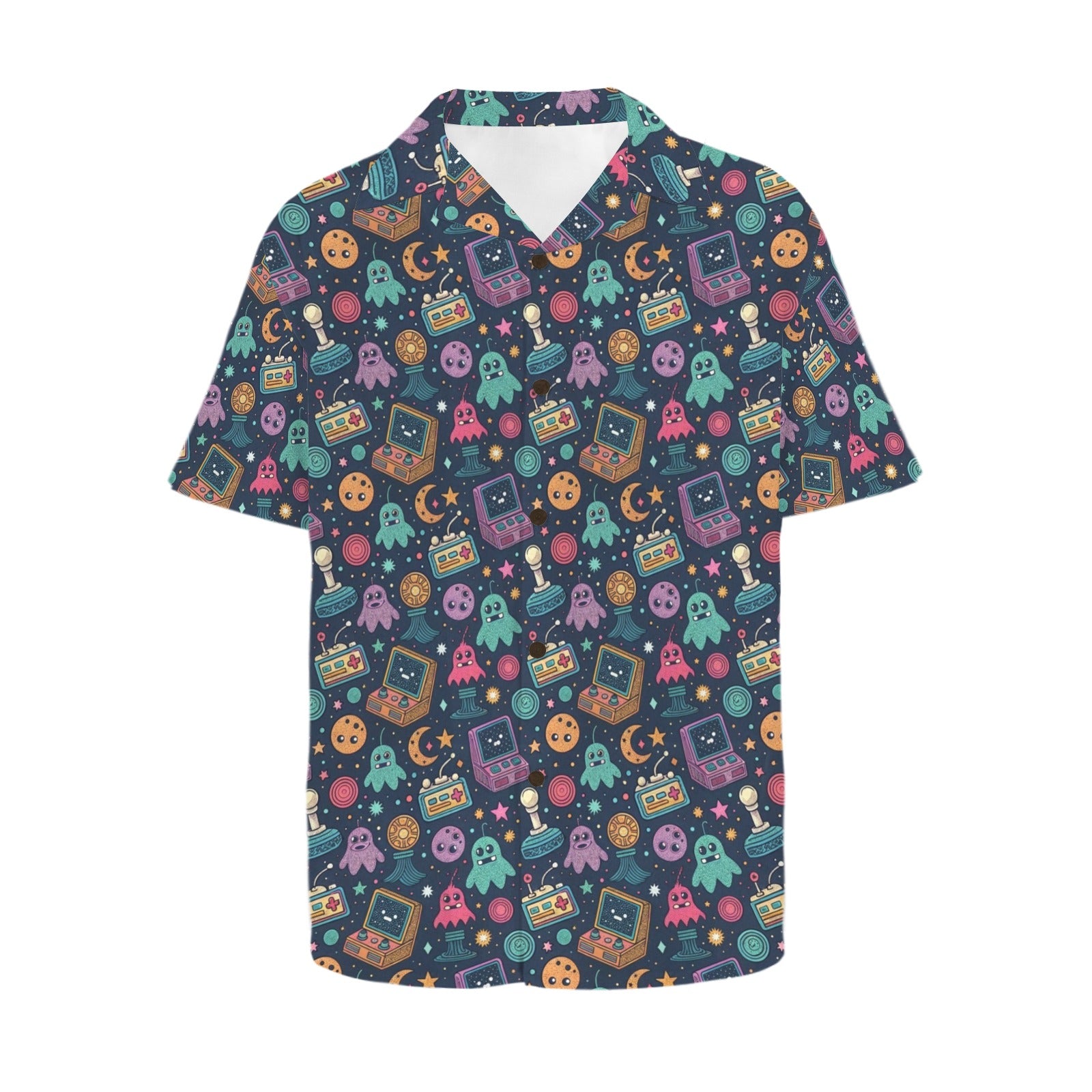 Space Arcade - Men's Short Sleeve Hawaiian Shirt Men's Hawaiian Shirt (New) Games Printed Offshore Retro