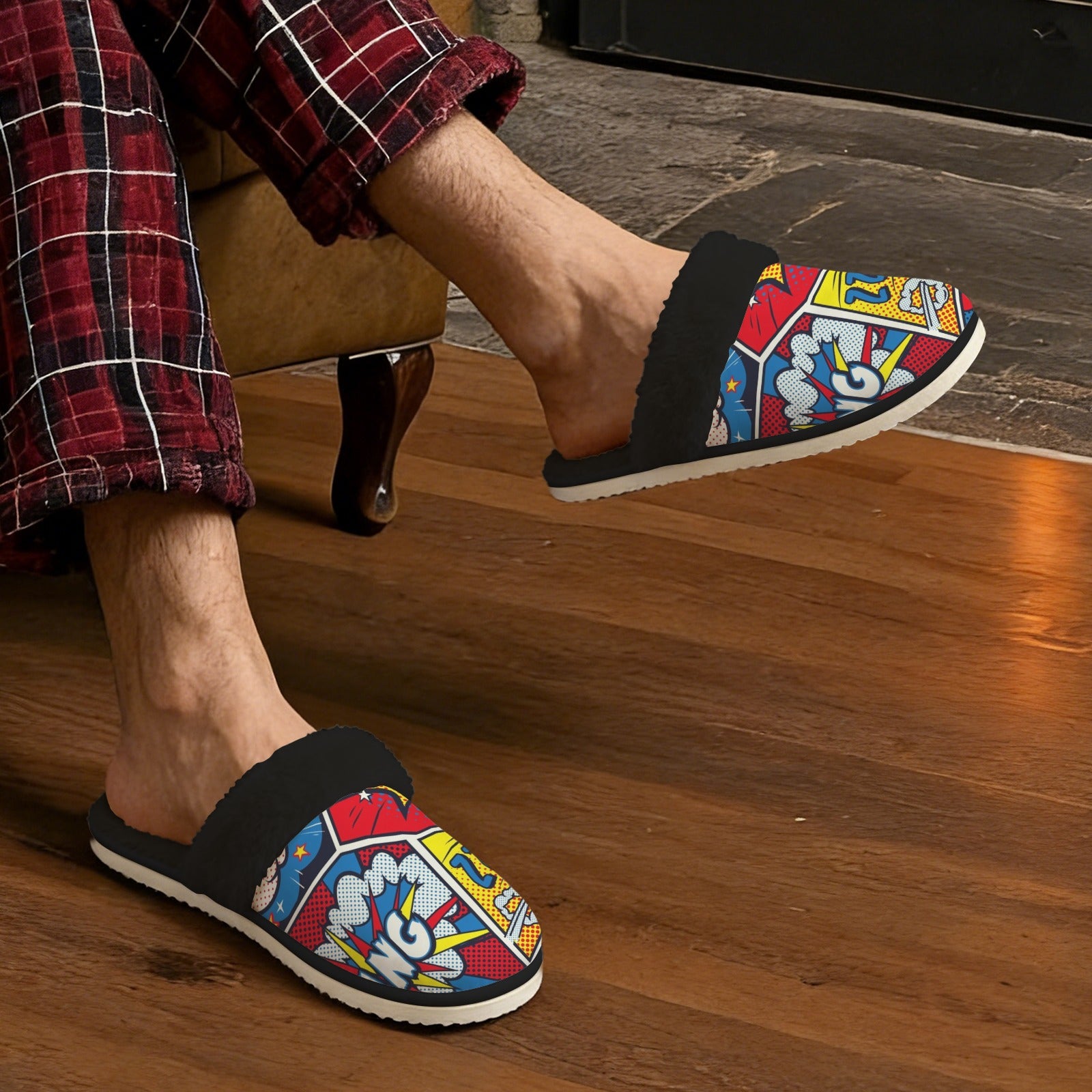 Comic Book Men's Fur Trim Thick-Sole Indoor Slippers Men's Fur Trimmed Slippers comic Printed Offshore
