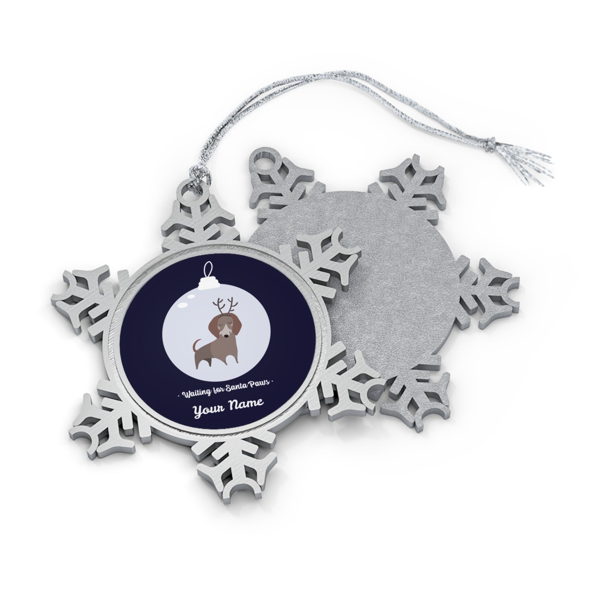 Personalised - Waiting For Santa Paws, Dog - Christmas Pewter Snowflake Ornament