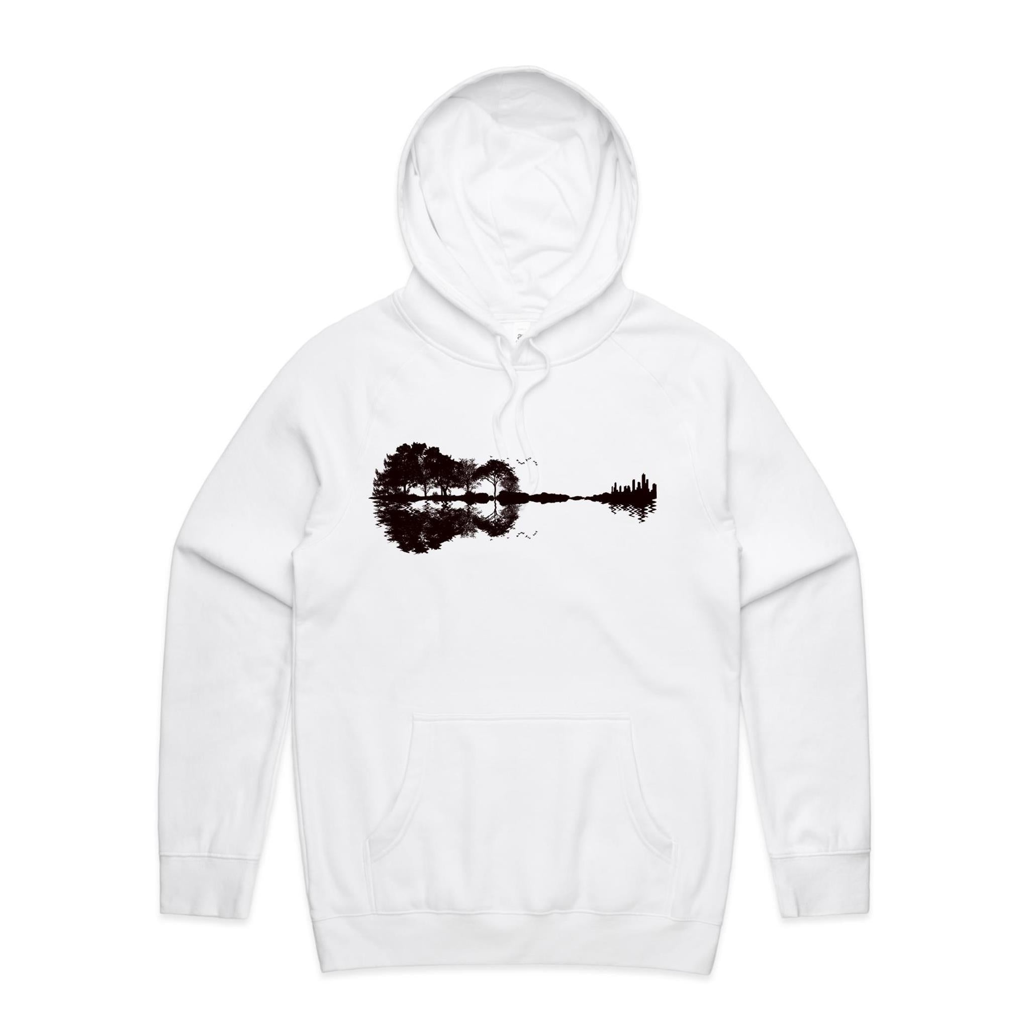 Guitar Reflection - Mens Hoodie White Mens Hoodie Music Printed In Australia