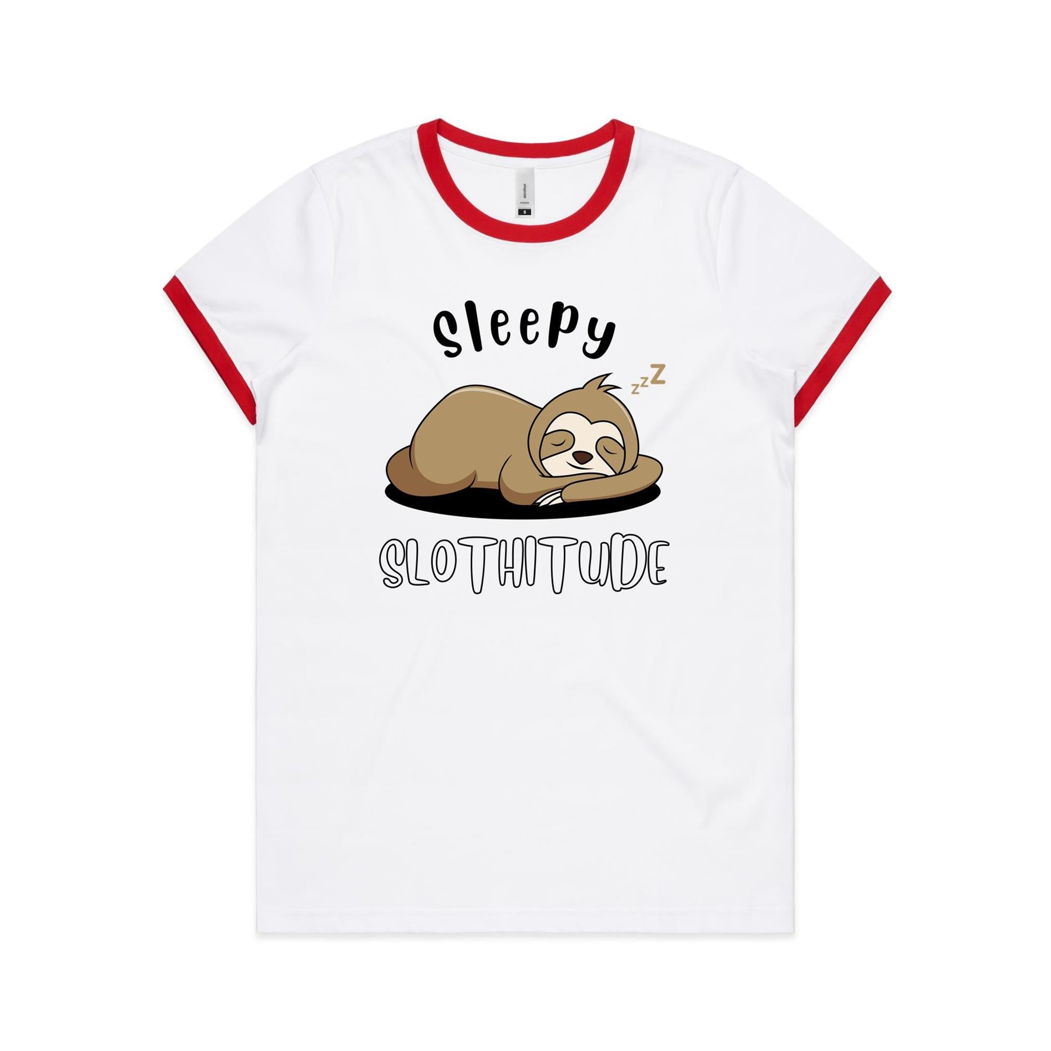 Sleepy Slothitude - Women's Ringer Tee White Red Womens Ringer T-shirt animal Printed In Australia