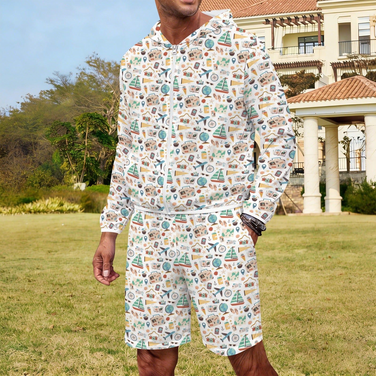 Travel And Explore Men's Lightweight Sun Hoodie & Shorts Set Men's Lightweight Sun Hoodie & Shorts Printed Offshore