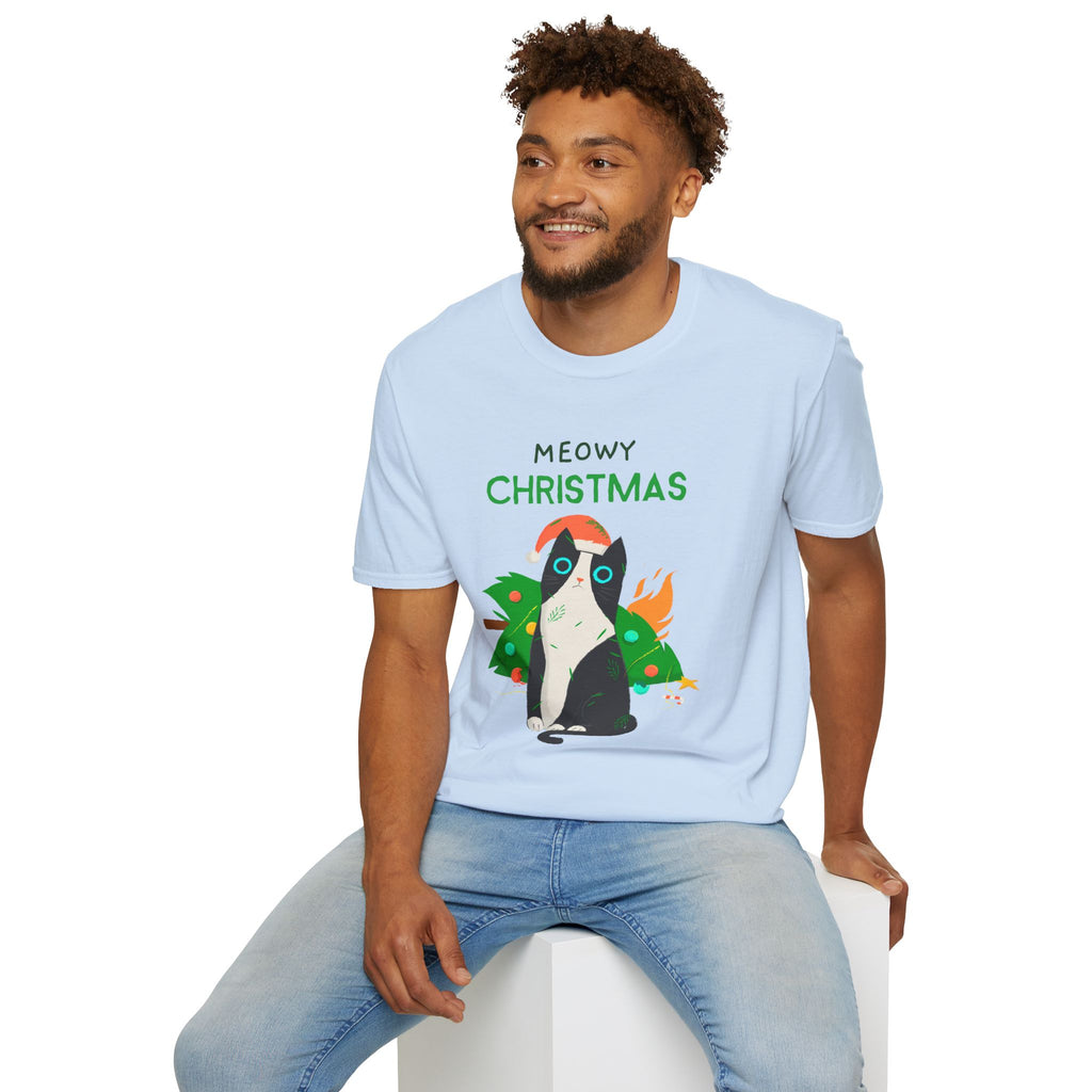 Meowy Christmas, Cat With Burning Christmas Tree - Unisex Softstyle T-Shirt