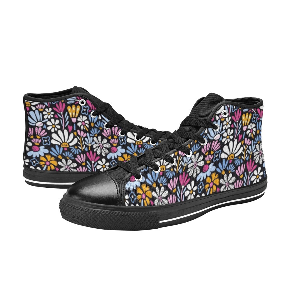 Graphic Flowers On Black Women's High Top Canvas Shoes Womens Classic High Top Shoes Plants Printed Offshore