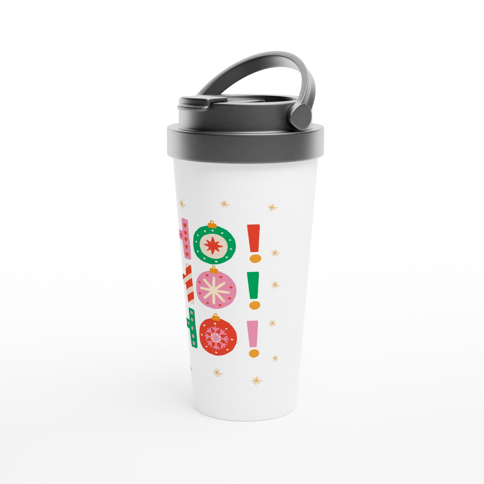 Christmas Ho Ho Ho - White 15oz Stainless Steel Travel Mug Christmas Travel Mug Christmas Globally Fulfilled