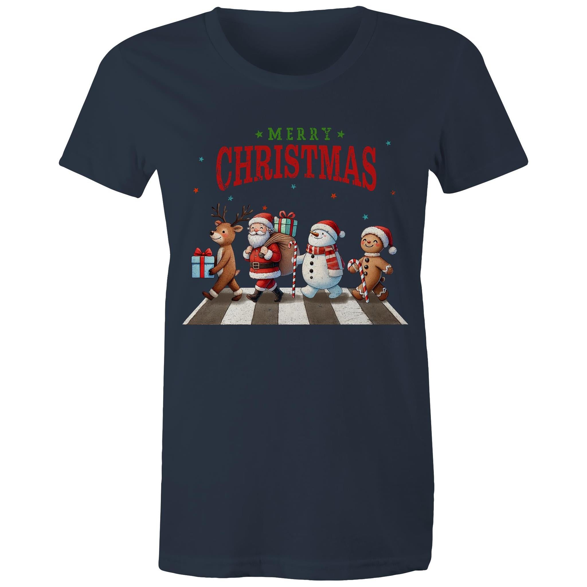 Fab Four, Merry Christmas - Womens T-shirt Navy Womens Christmas T-shirt Christmas Printed In Australia