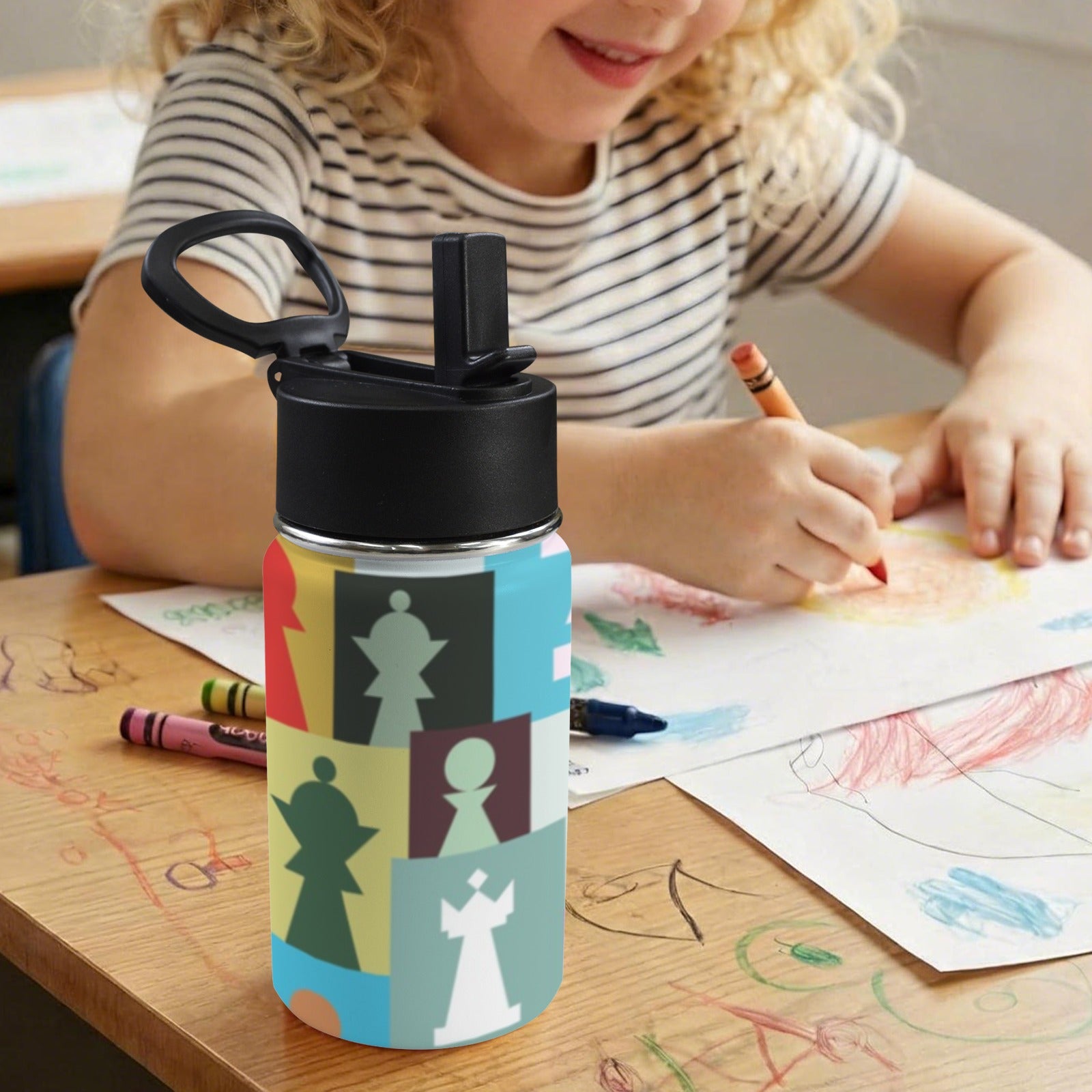Colourful Chess 12oz Kids Water Bottle with Straw Lid