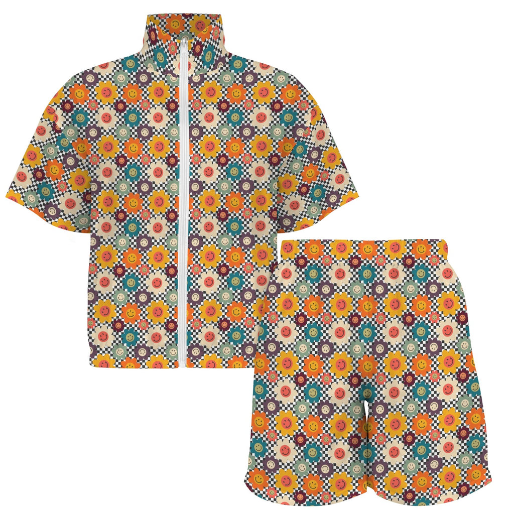 Happy Retro Flowers Women's Windbreaker Short Set Women's Windbreaker Short Set Printed Offshore Retro