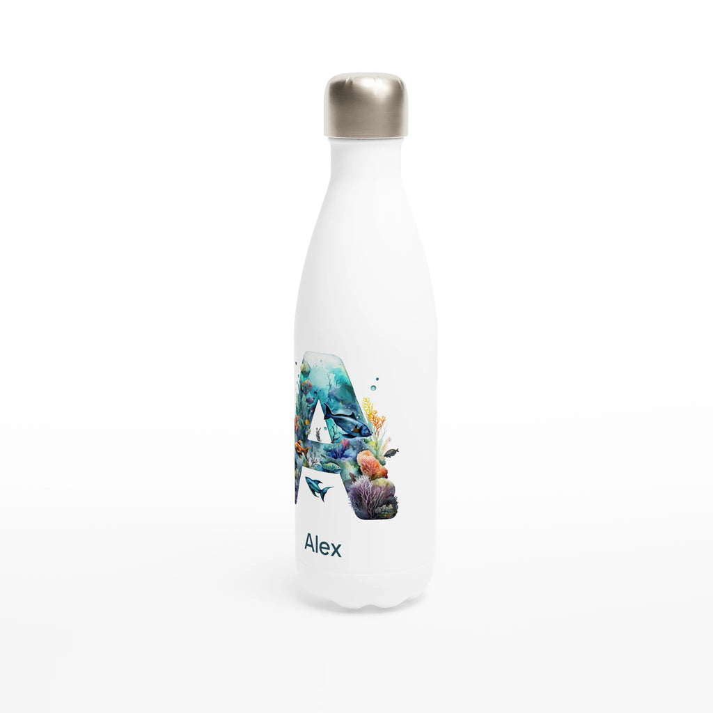 Coral Sea Initial - White 17oz Stainless Steel Water Bottle Personalised Water Bottle customise Globally Fulfilled Initial Music Name personalise
