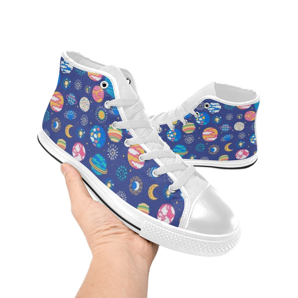 Planets On Blue Men's High Top Canvas Shoes Men's Classic High Top Canvas Shoes Printed Offshore Space
