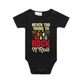 Never Too Young To Rock N Roll AS Colour Baby Bodysuit Black Baby Bodysuit Music Printed In Australia