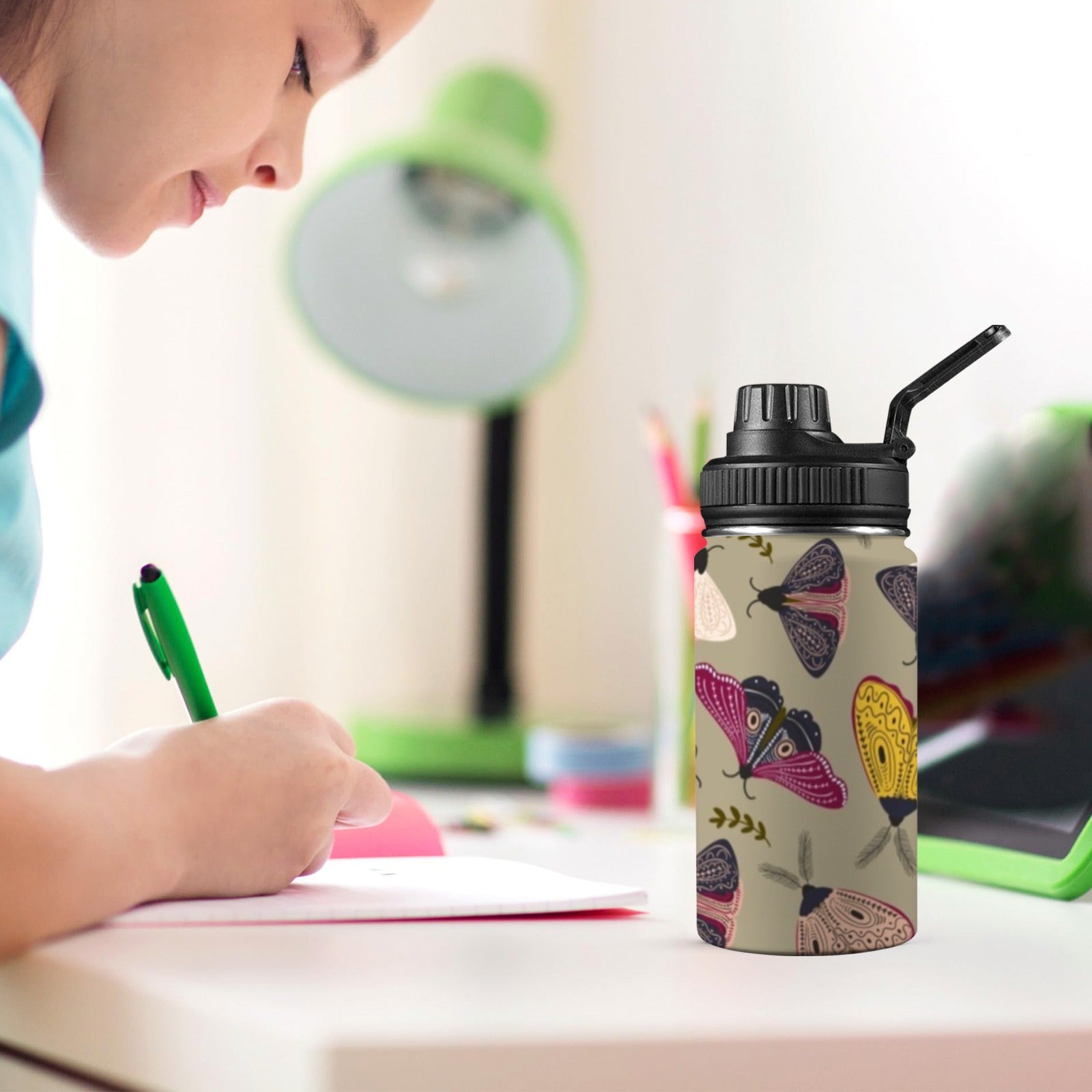 Pretty Moths Kids Water Bottle with Chug Lid (12 oz) Kids Water Bottle with Chug Lid animal Printed Offshore