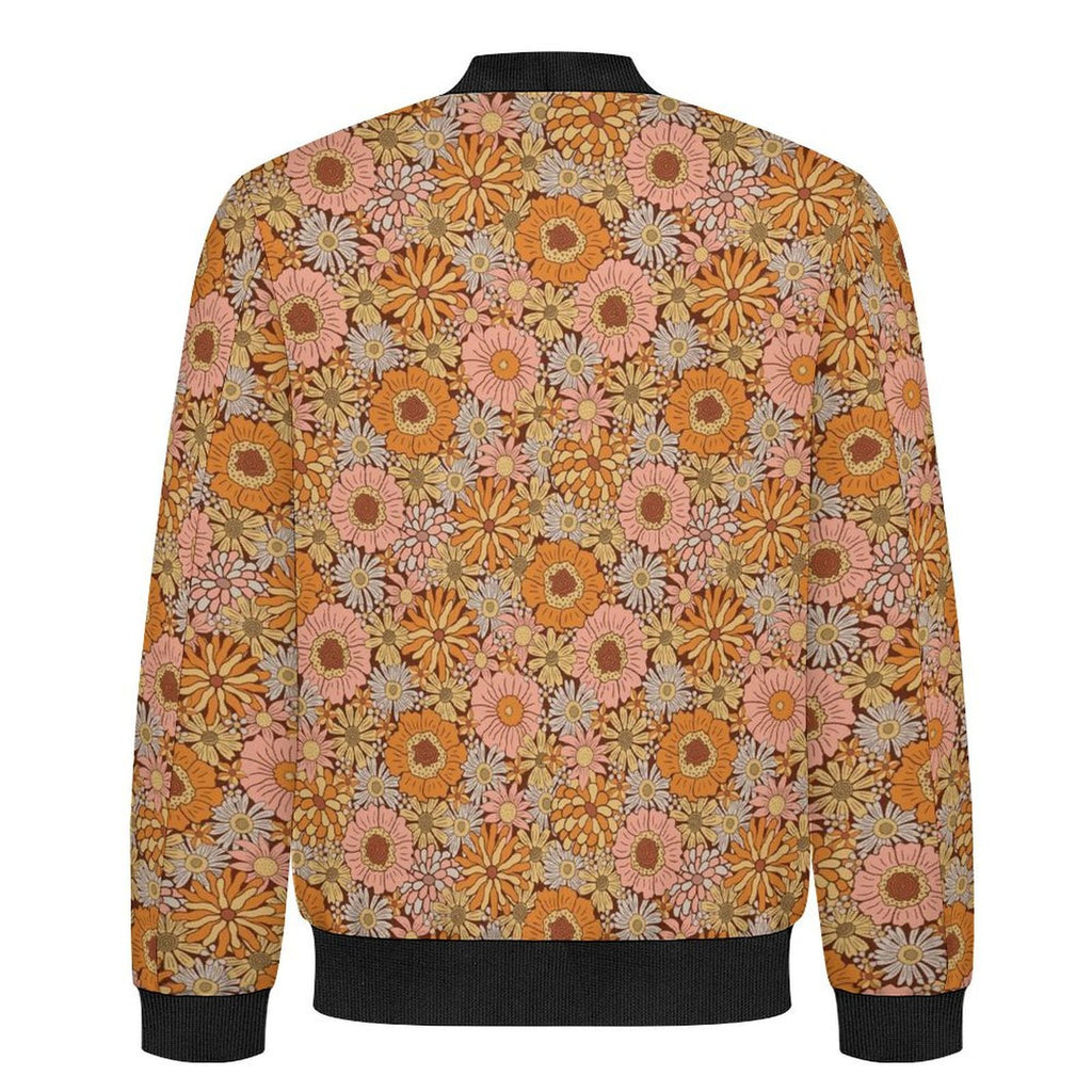 Orange Retro Floral Men's Casual Zip‑Up Bomber Jacket