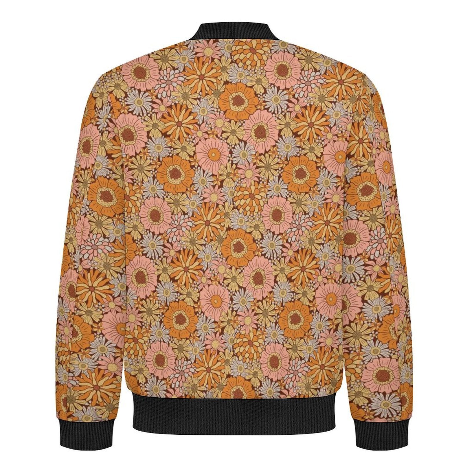 Orange Retro Floral Men's Casual Zip‑Up Bomber Jacket