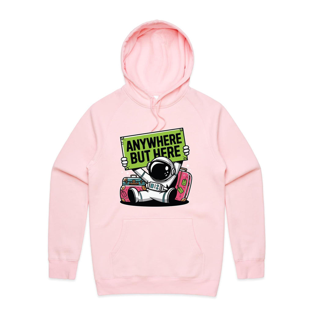Astronaut, Anywhere But Here - Mens Hoodie Pink Mens Hoodie Printed In Australia Space