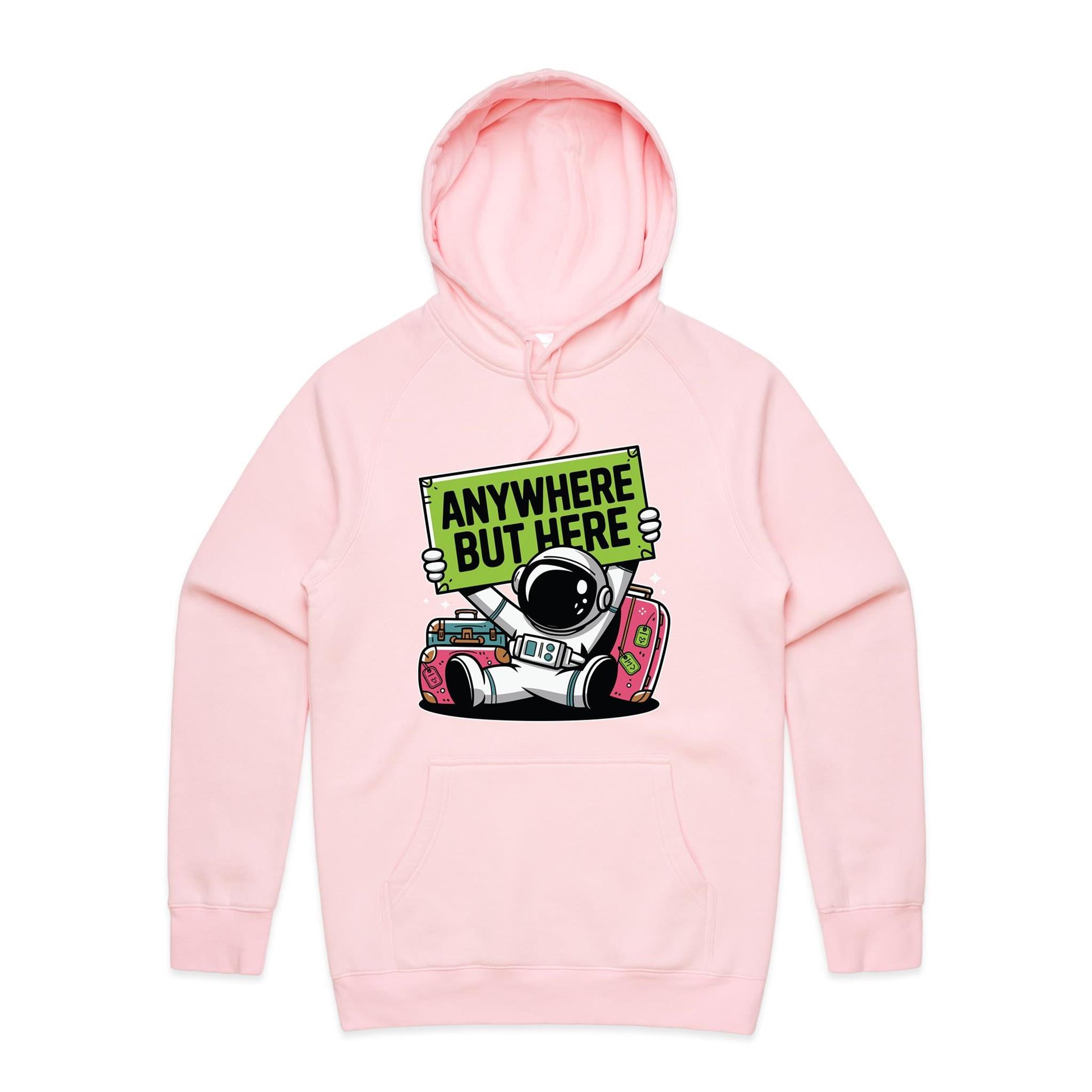 Astronaut, Anywhere But Here - Mens Hoodie Pink Mens Hoodie Printed In Australia Space