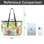 Tropical Flowers On White PU Leather Tote Bag Large Leather Tote Bag-Large Plants Printed Offshore