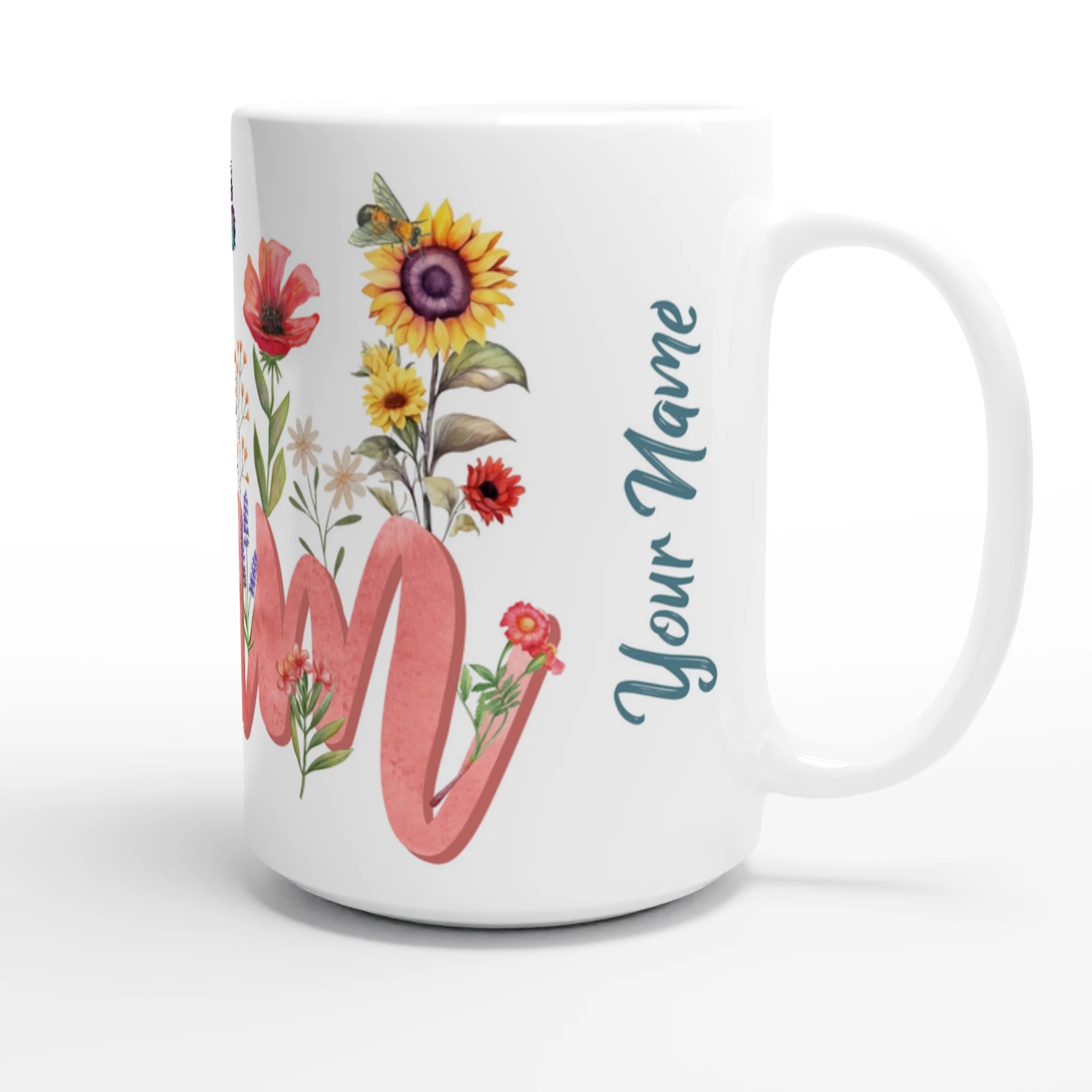 Personalised - Mum With Flowers And Butterflies - White 15oz Ceramic Mug Personalised 15oz Mug Globally Fulfilled Mum