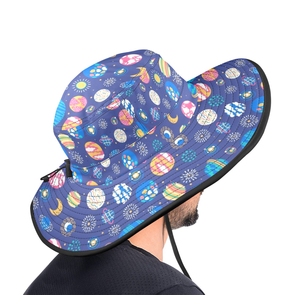 Planets On Blue Wide Brim Bucket Hat Wide Brim Bucket Hat Printed Offshore Space