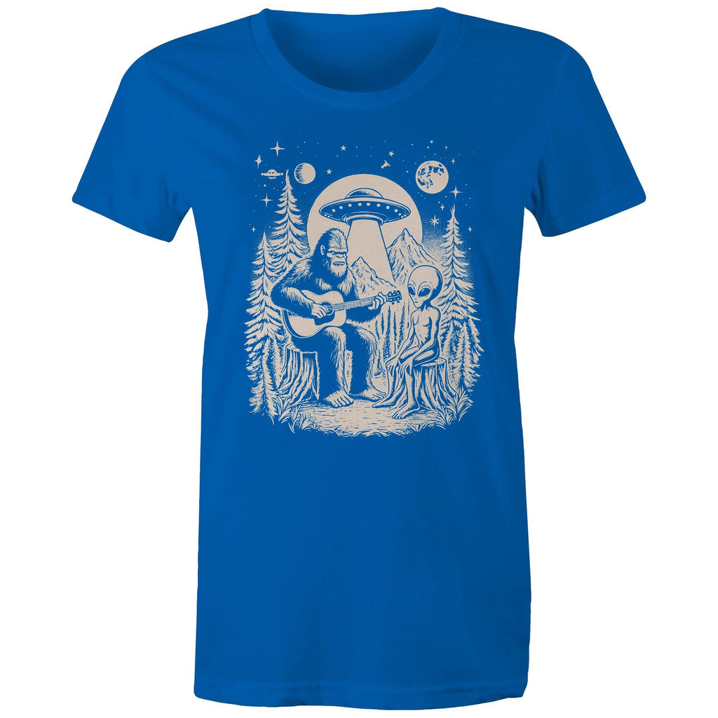 Alien And Bigfoot Play Guitar - Womens T-shirt Bright Royal Womens T-shirt Music Printed In Australia Sci Fi