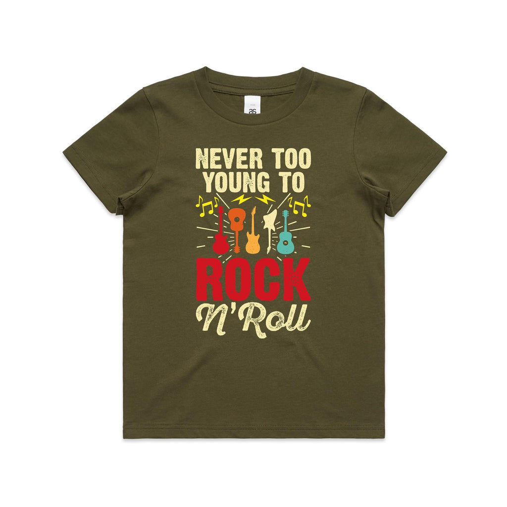 Never Too Young To Rock N Roll Kid's AS Colour T-shirt Army Kids Youth T-shirt Music Printed In Australia
