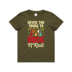 Never Too Young To Rock N Roll Kid's AS Colour T-shirt Army Kids Youth T-shirt Music Printed In Australia