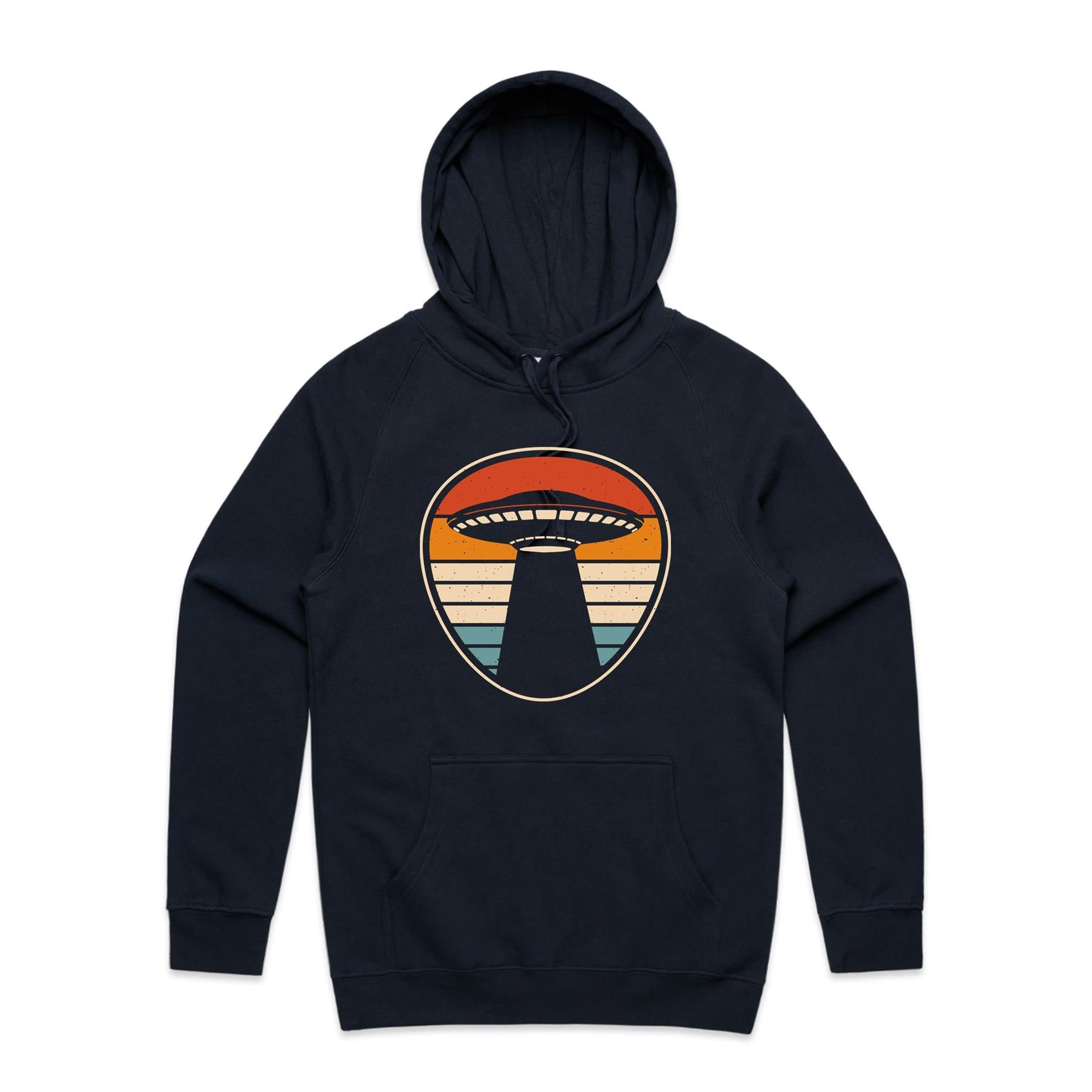 UFO, Retro Stripes - Mens Hoodie Navy Mens Hoodie Printed In Australia Sci Fi