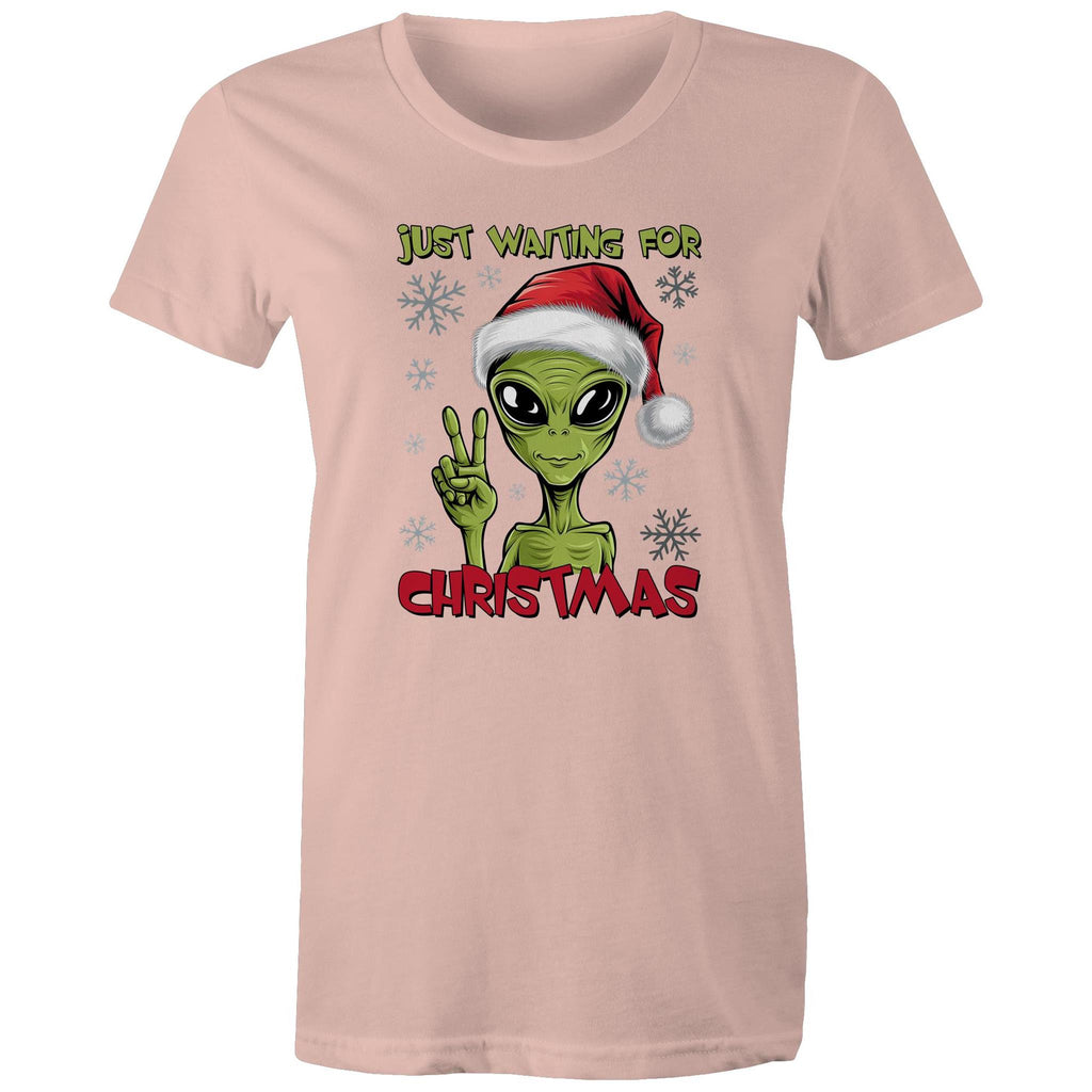 Just Waiting For Christmas, Alien - Womens T-shirt Pale Pink Womens Christmas T-shirt Christmas Printed In Australia