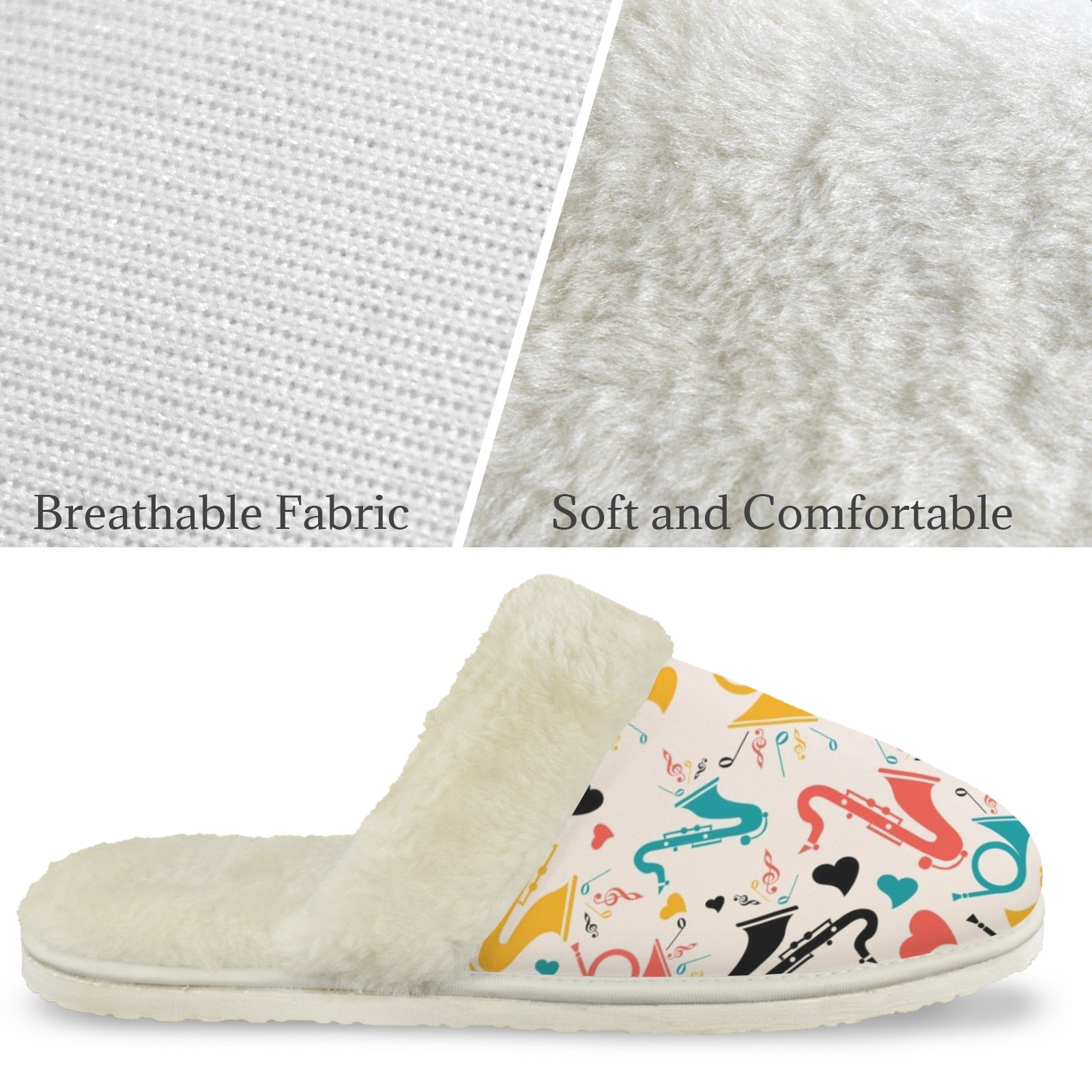 Brass Musical Instruments Men's Fur Trim Thick-Sole Indoor Slippers Men's Fur Trimmed Slippers Music Printed Offshore