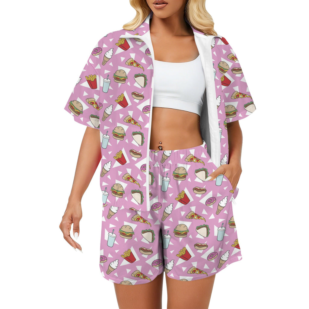 Fast Food Women's Windbreaker Short Set 2XL Women's Windbreaker Short Set Food Printed Offshore
