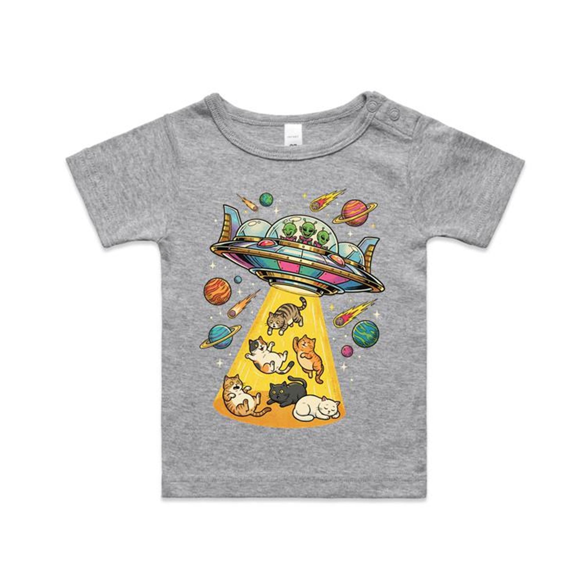 UFO Cat Abduction - AS Colour Baby T-shirt Grey Marle Baby T-shirt animal Printed In Australia Sci Fi