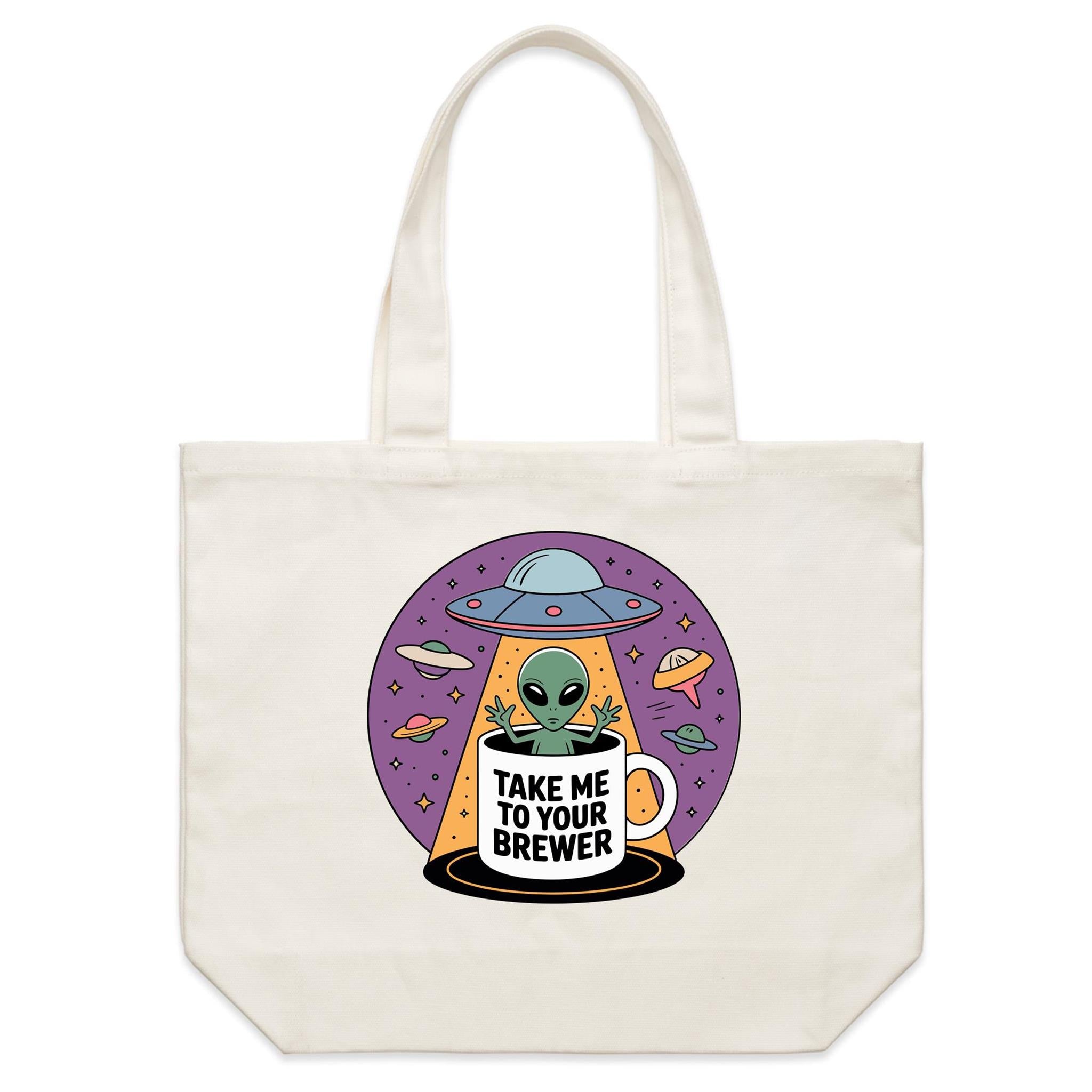 Coffee, Alien, UFO, Take Me To Your Brewer Shoulder Canvas Tote Bag Default Title Large Tote Bag Coffee Printed In Australia Sci Fi