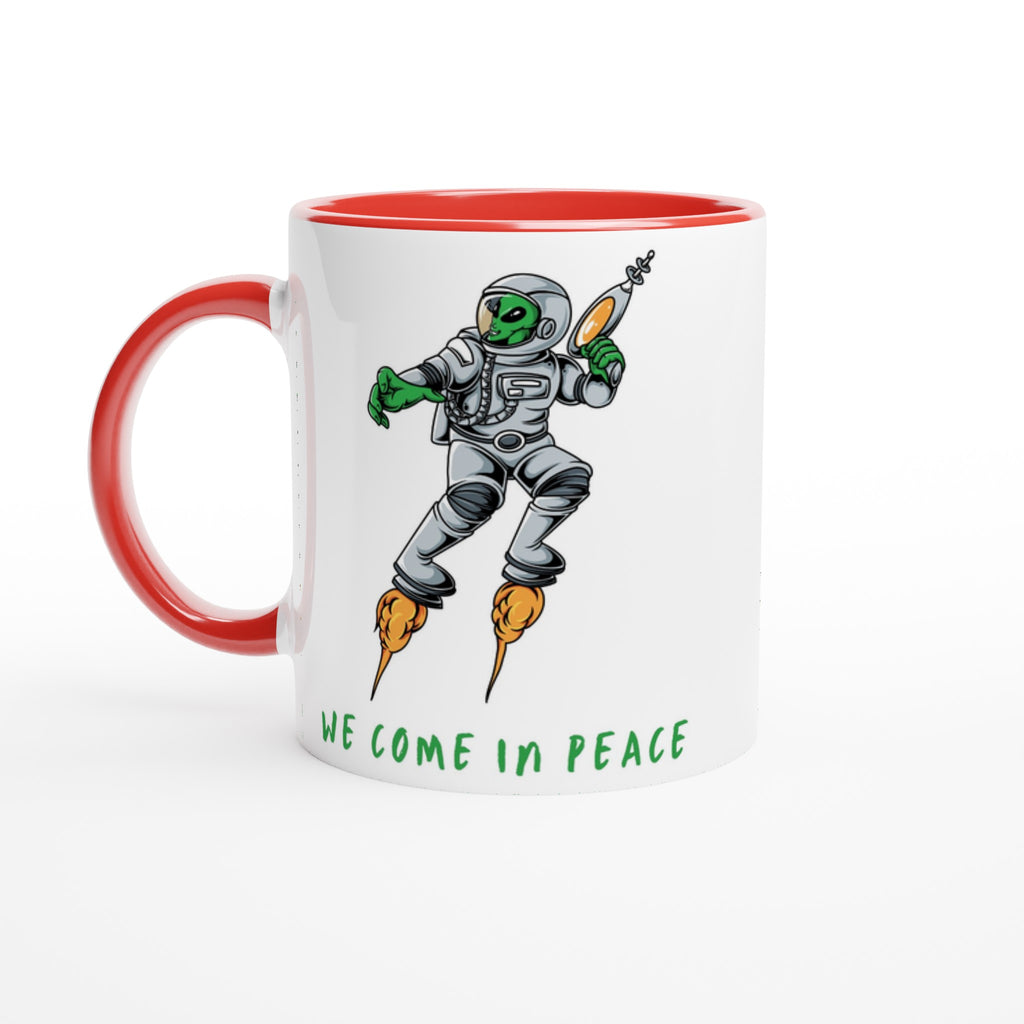 Alien, We Come In Peace - White 11oz Ceramic Mug with Colour Inside Ceramic Red Colour 11oz Mug funny Globally Fulfilled Sci Fi
