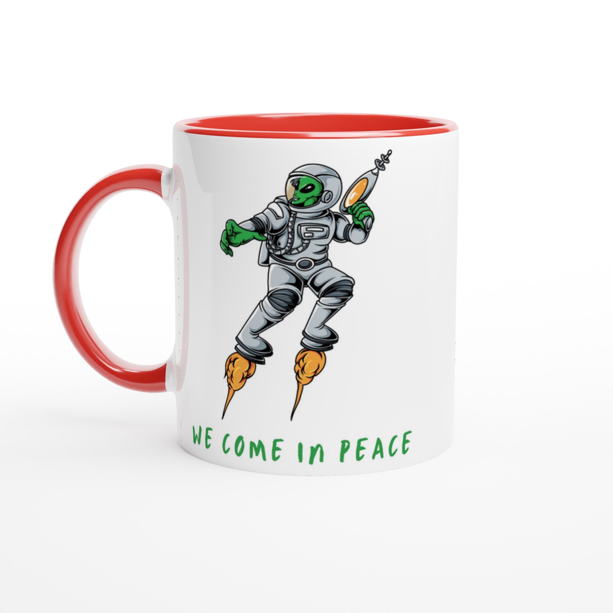 Alien, We Come In Peace - White 11oz Ceramic Mug with Colour Inside Ceramic Red Colour 11oz Mug funny Globally Fulfilled Sci Fi