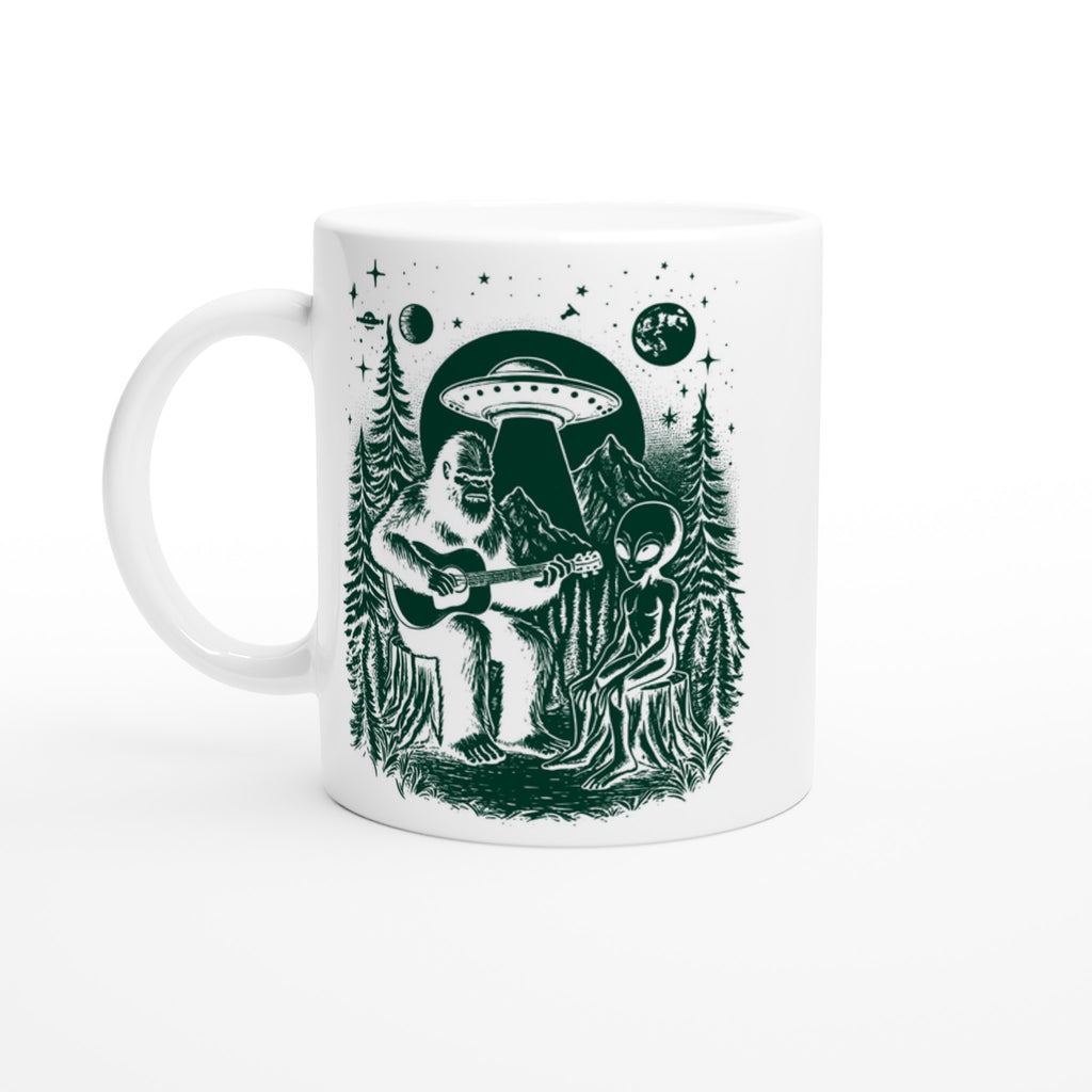 Alien And Bigfoot Play Guitar - White 11oz Ceramic Mug Default Title White 11oz Mug Globally Fulfilled Music Sci Fi