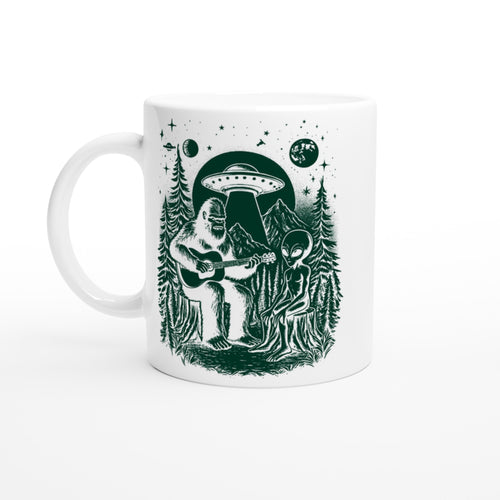 Alien And Bigfoot Play Guitar - White 11oz Ceramic Mug Default Title White 11oz Mug Globally Fulfilled Music Sci Fi