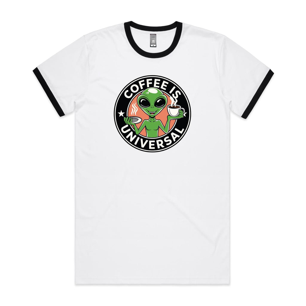 Coffee Is Universal, Alien - Staple Ringer Tee White Black Ringer T-Shirt Coffee Printed In Australia Sci Fi