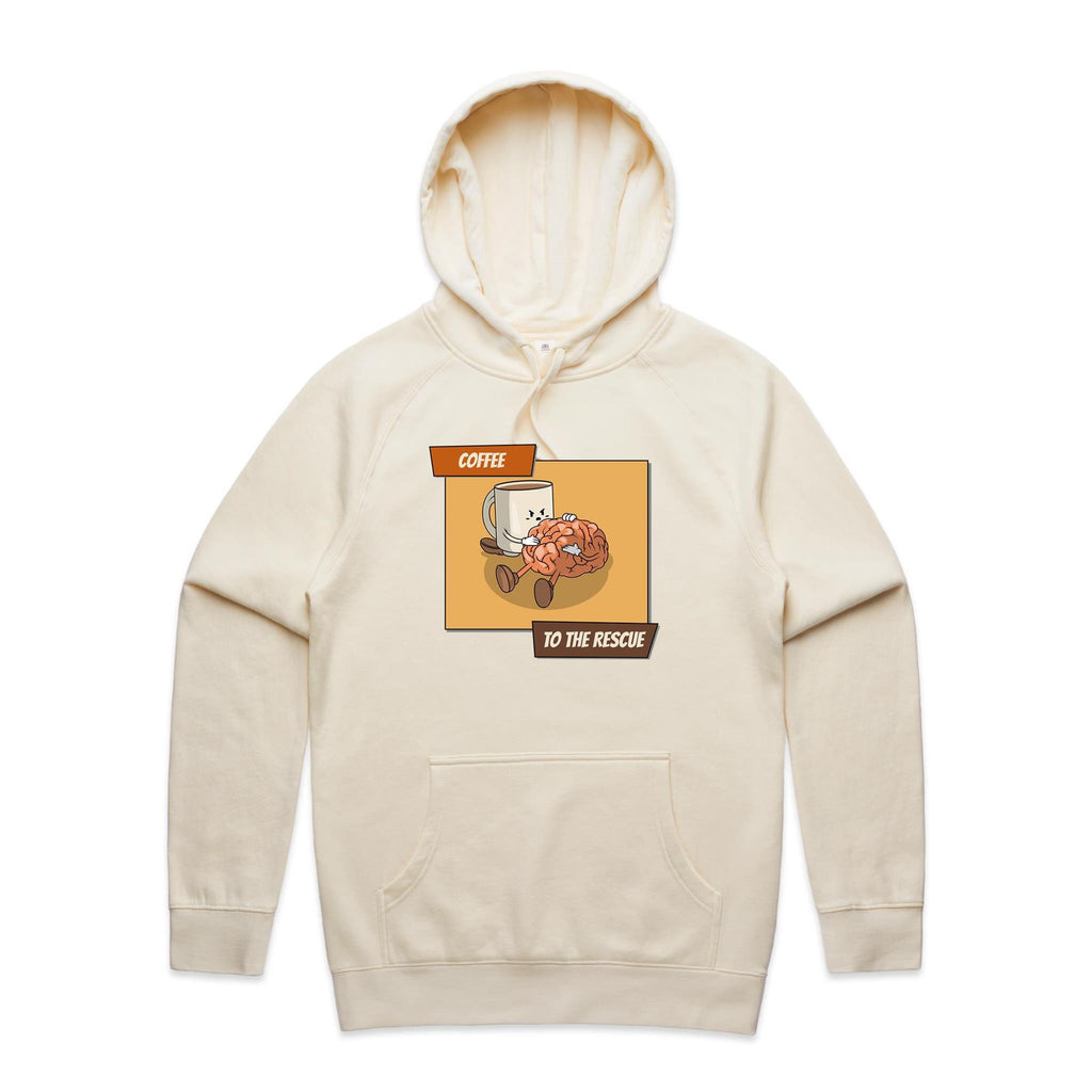 Coffee To The Rescue - Mens Hoodie Ecru Mens Hoodie Coffee Printed In Australia