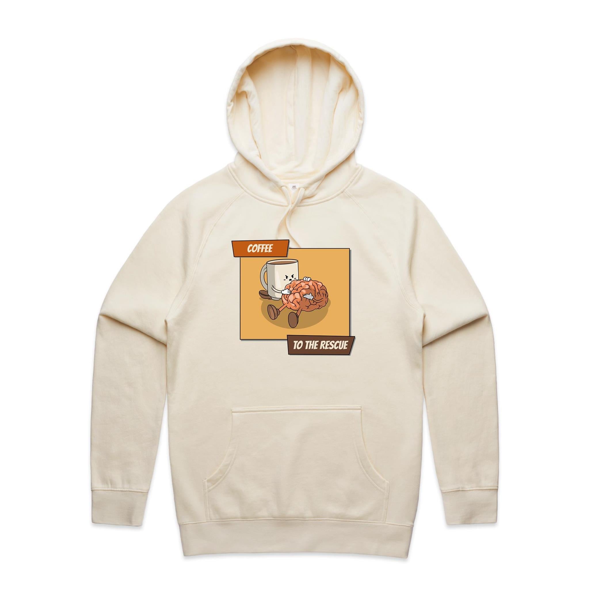 Coffee To The Rescue - Mens Hoodie Ecru Mens Hoodie Coffee Printed In Australia