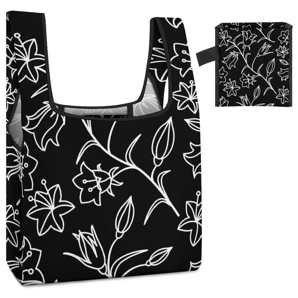 Black And White Floral - Collapsible Shopping Bag