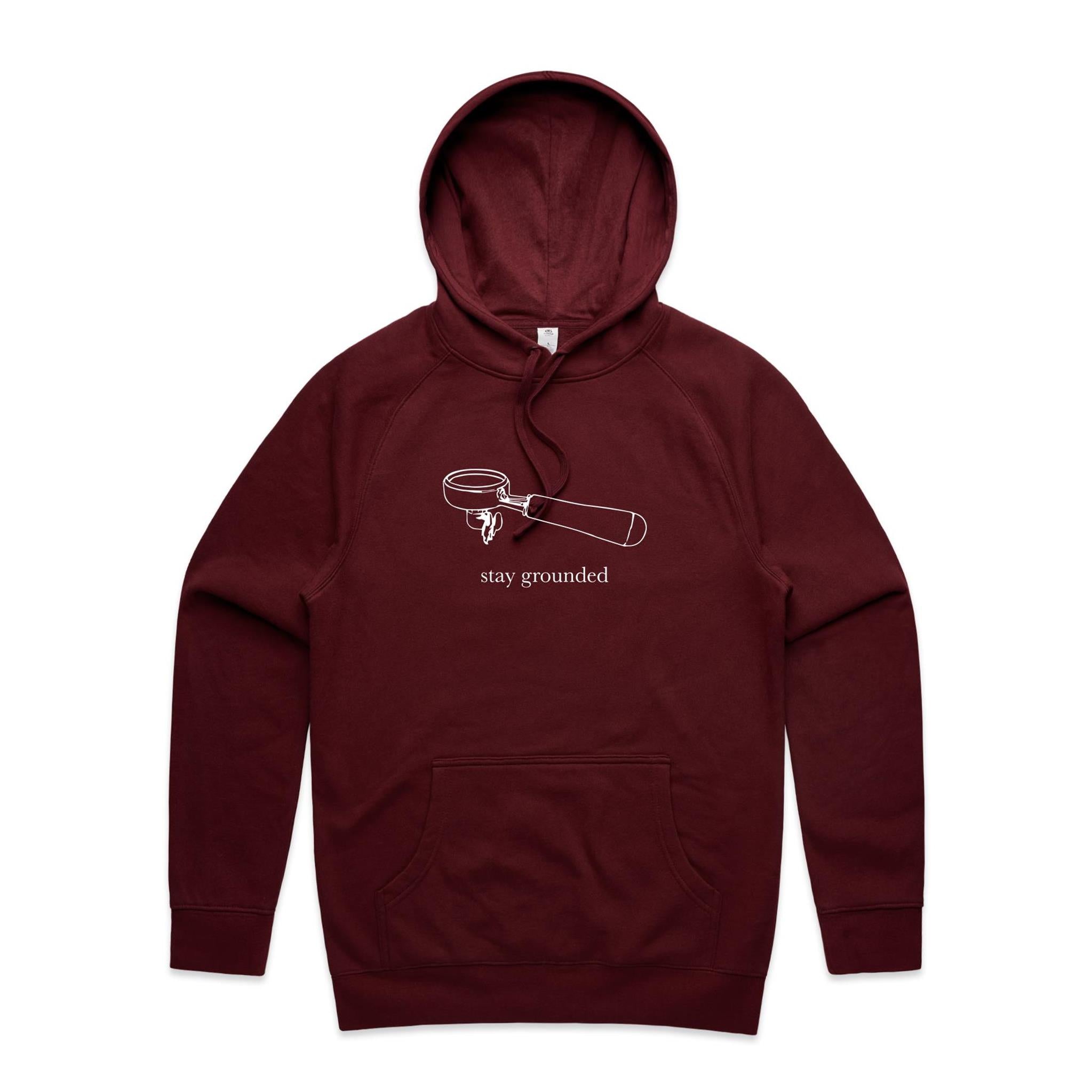 Stay Grounded, Coffee Portafilter - Mens Hoodie Burgundy Mens Hoodie Coffee Printed In Australia