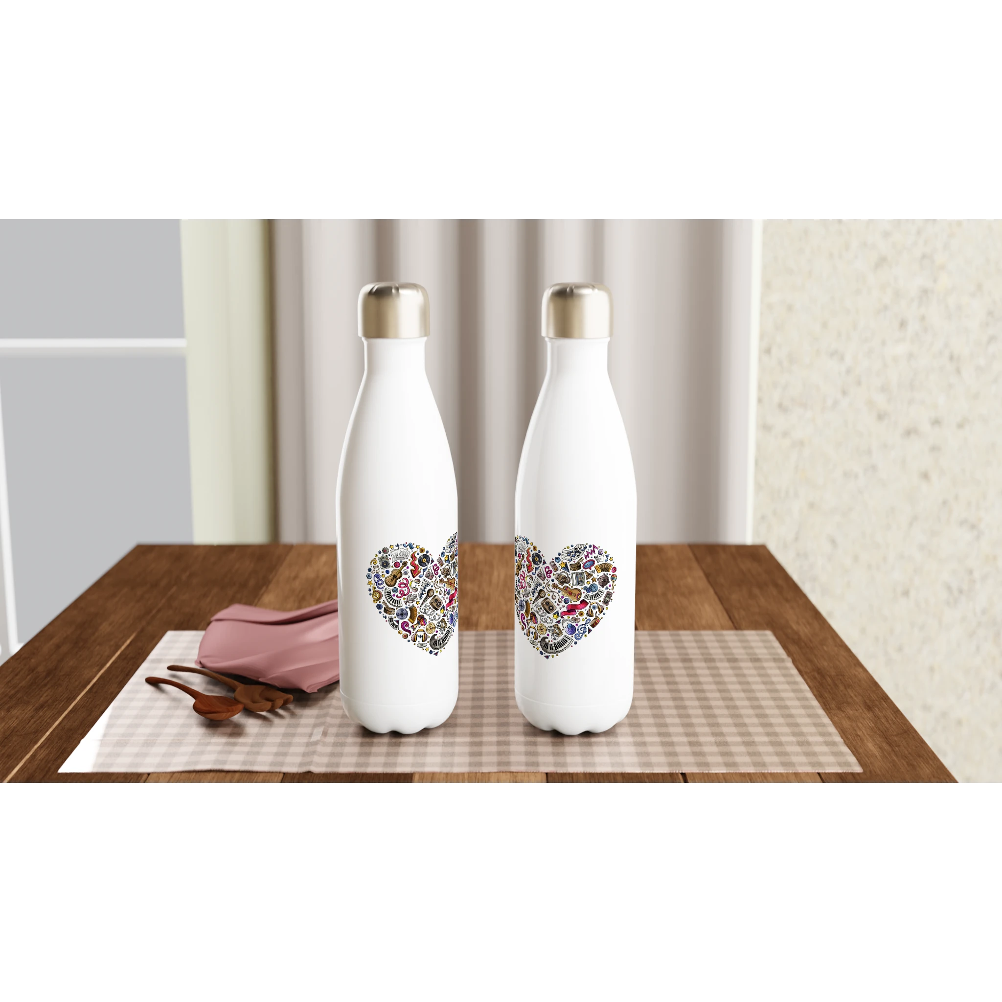 Heart Music - White 17oz Stainless Steel Water Bottle White Water Bottle Globally Fulfilled Love Music