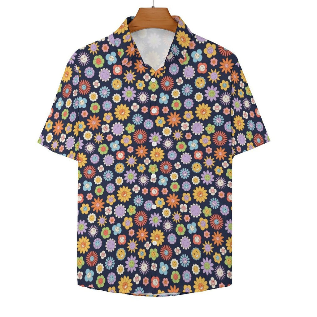 Groovy Flowers Women's Collared Pocketless Short Sleeve Shirt