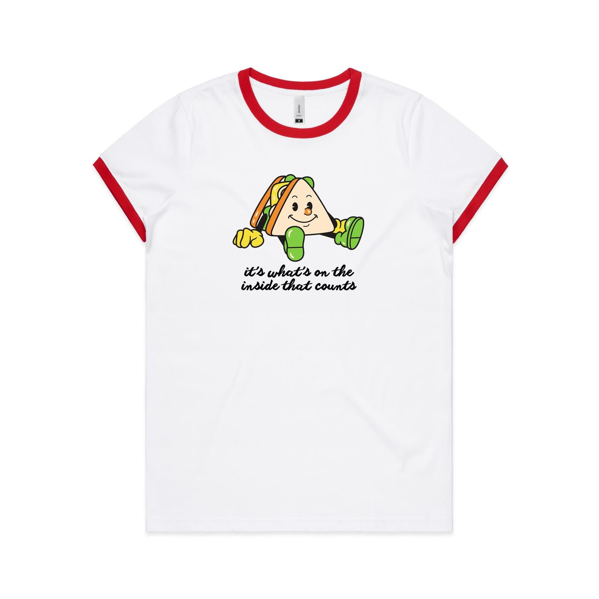 Sandwich, It's What's On The Inside That Counts - Women's Ringer Tee White Red Womens Ringer T-shirt Food Printed In Australia