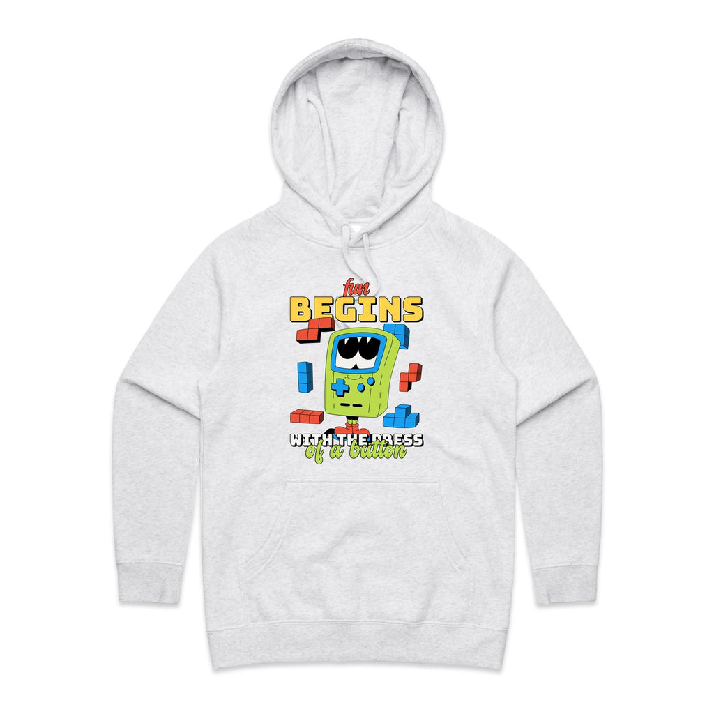 Fun Begins With The Press Of A Button - Womens Hoodie White Marle Womens Hoodie Games Printed In Australia