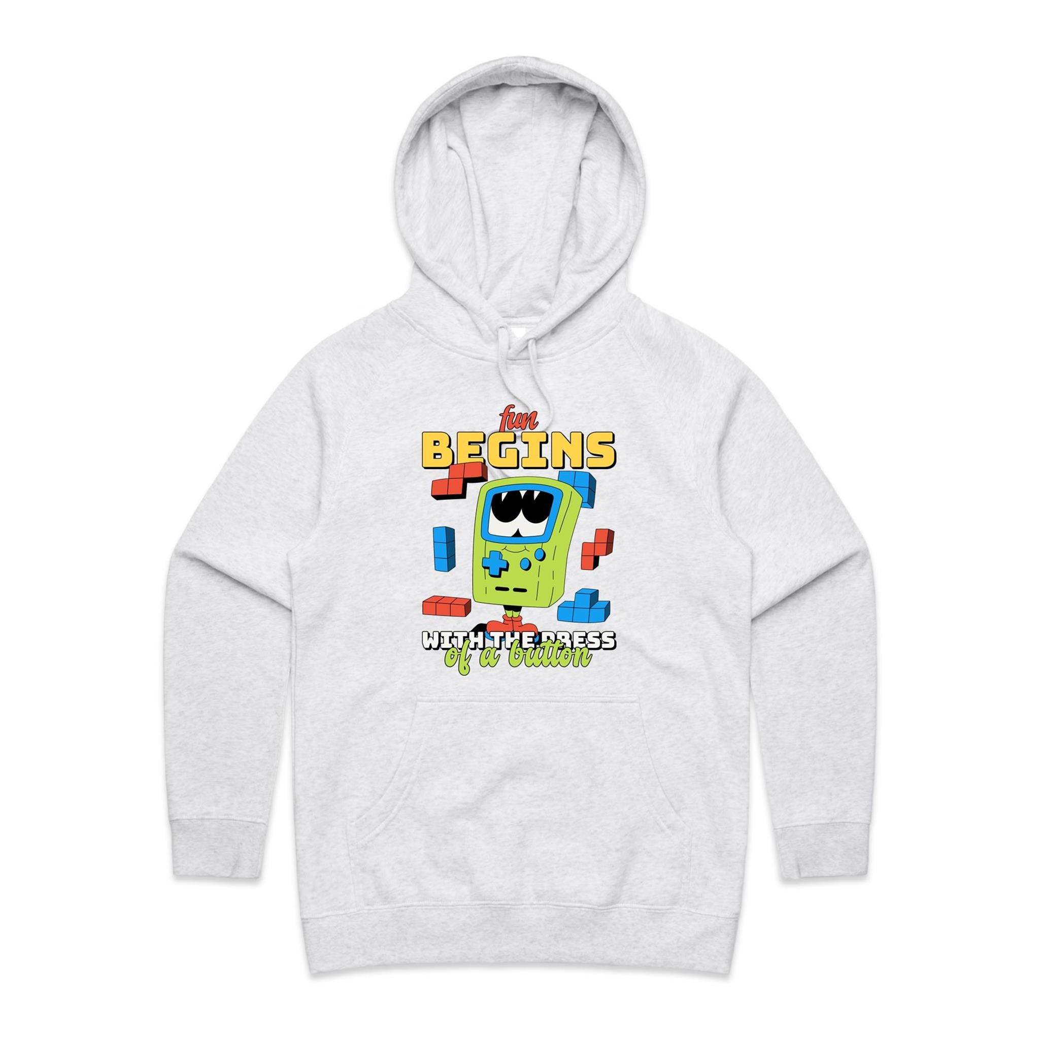 Fun Begins With The Press Of A Button - Womens Hoodie White Marle Womens Hoodie Games Printed In Australia