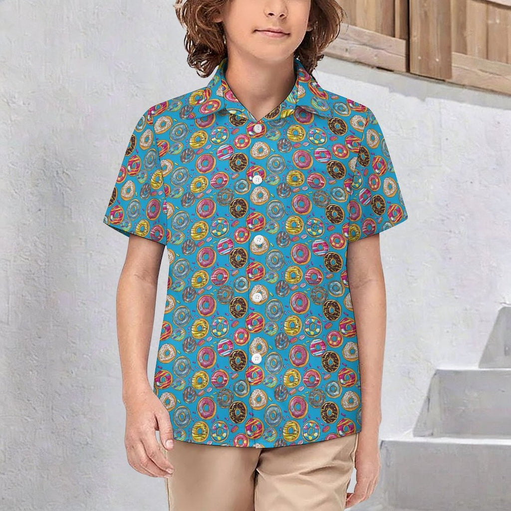 Doughnuts On Blue Kids Youth Short Sleeve Button Up Shirt