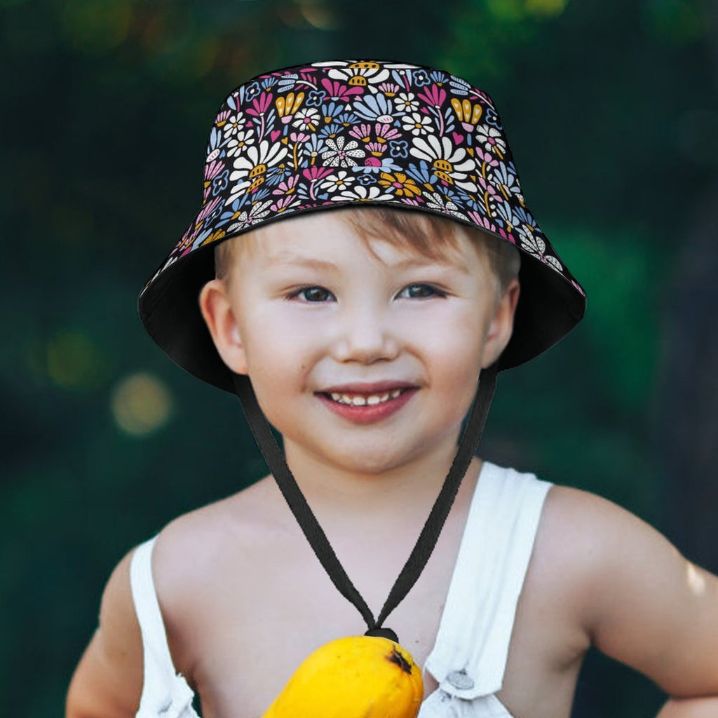 Graphic Flowers On Black Kids Bucket Hat Kids Bucket Hat Plants Printed Offshore