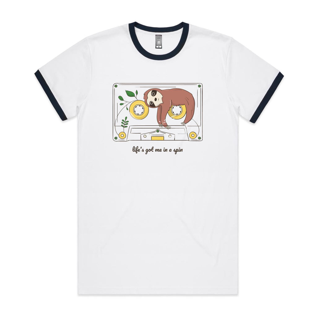 Life's Got Me In A Spin, Sloth, Cassette Tape - Staple Ringer Tee White Navy Ringer T-Shirt animal Music Printed In Australia Retro