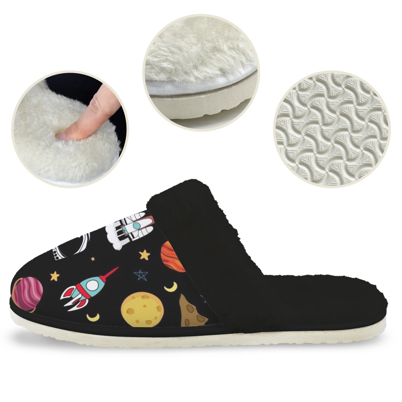 Fun Space Men's Fur Trim Thick-Sole Indoor Slippers Men's Fur Trimmed Slippers Printed Offshore Space